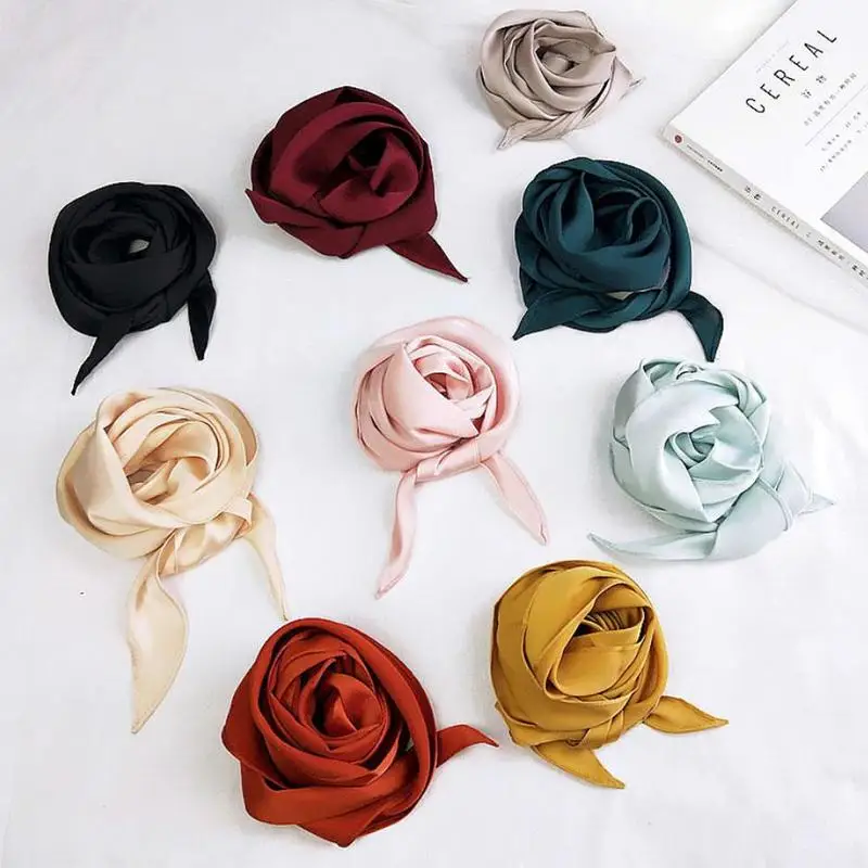 Women Fashion Ribbon Silk Scarf Beautiful Solid Design Girls Neckerchief Hair Band Bag Handle Wraps Small Neck Scarves