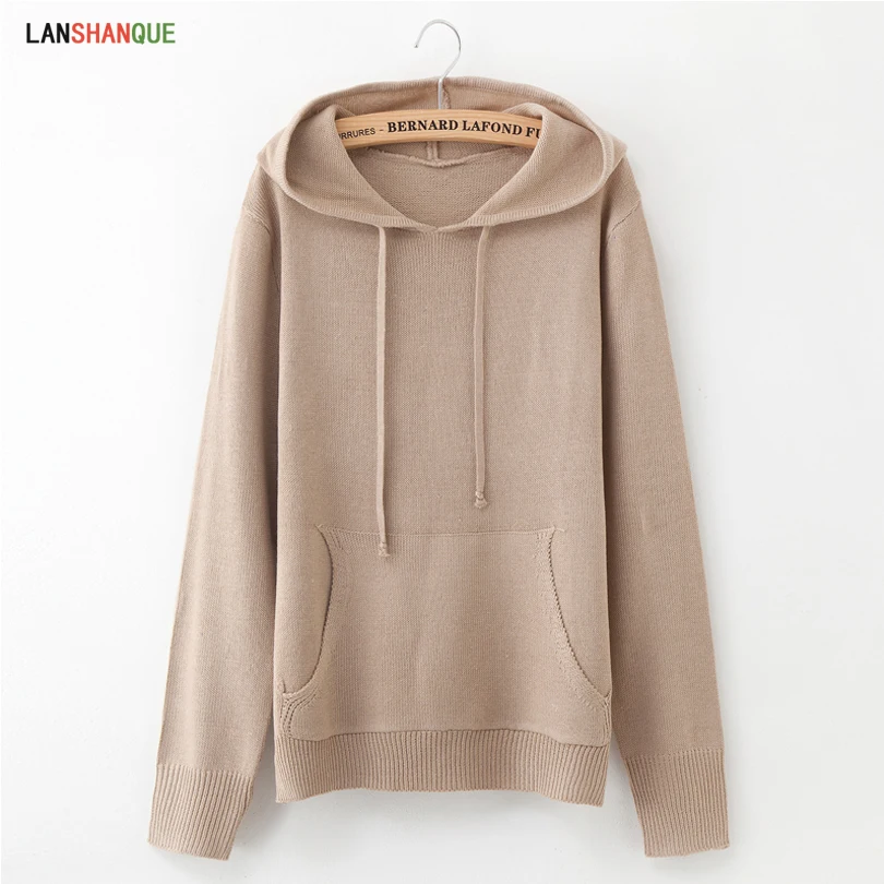 LANSHANQUE Fashion Hoodies Women Knitted Pink Sweatshirts Winter Autumn Long Sleeve Jacket Solid