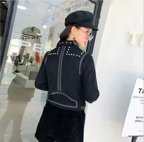 Studded Suede Short Long Sleeve Coat Women's Faux Leather Jacket Outwear  S33