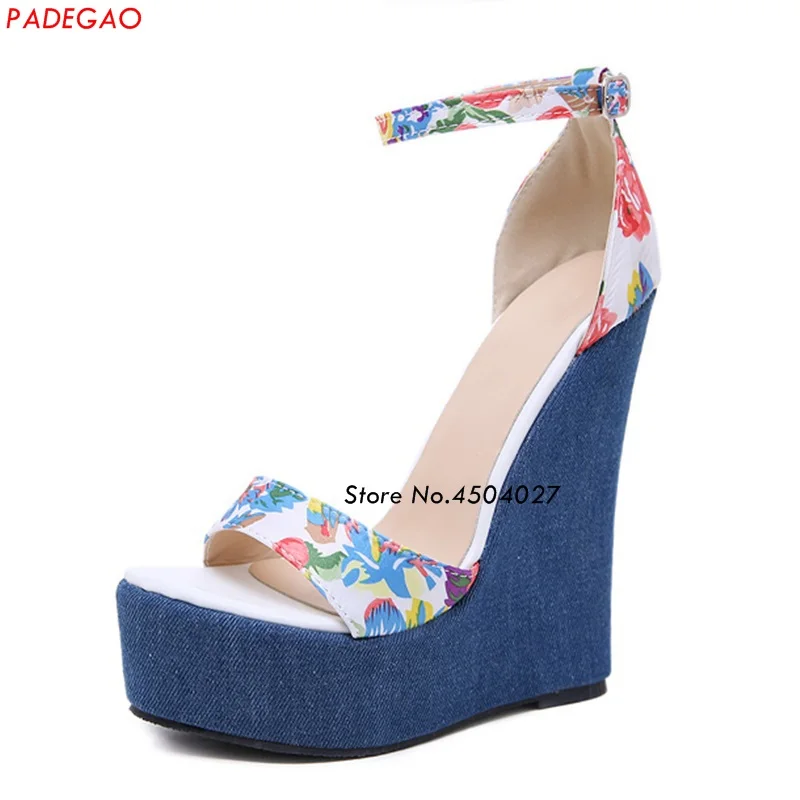 

New Designer Print Denim Sandals Roman Sandals Ankle Strap Wedges High Heels Peep-Toe Platform Shoes Woman
