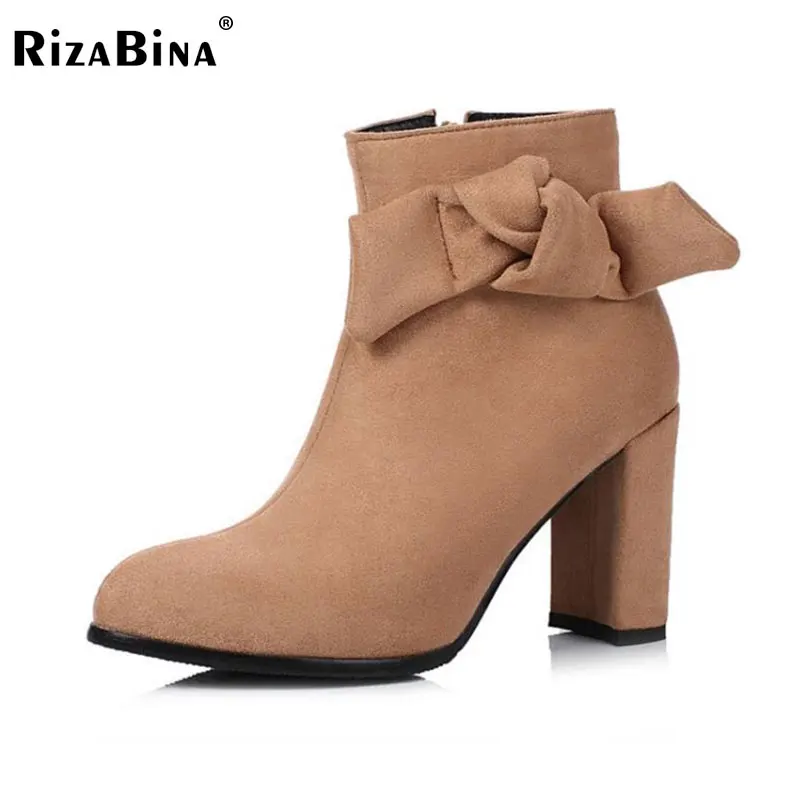 

RizaBina Size 34-43 Sexy Lady High Heel Boots Bowknot Zipper Half Short Boots Thick Heels Botas Warm Winter Shoes Women Footwear