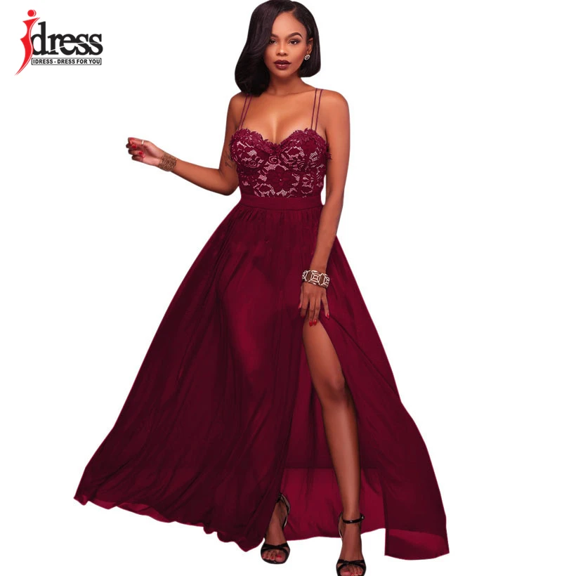 IDress 2017 Spaghetti Strap Black Lace Dress Women Party Elegant Floral Lace Chiffon Dress Floor Length Split Women Long Dress (10)