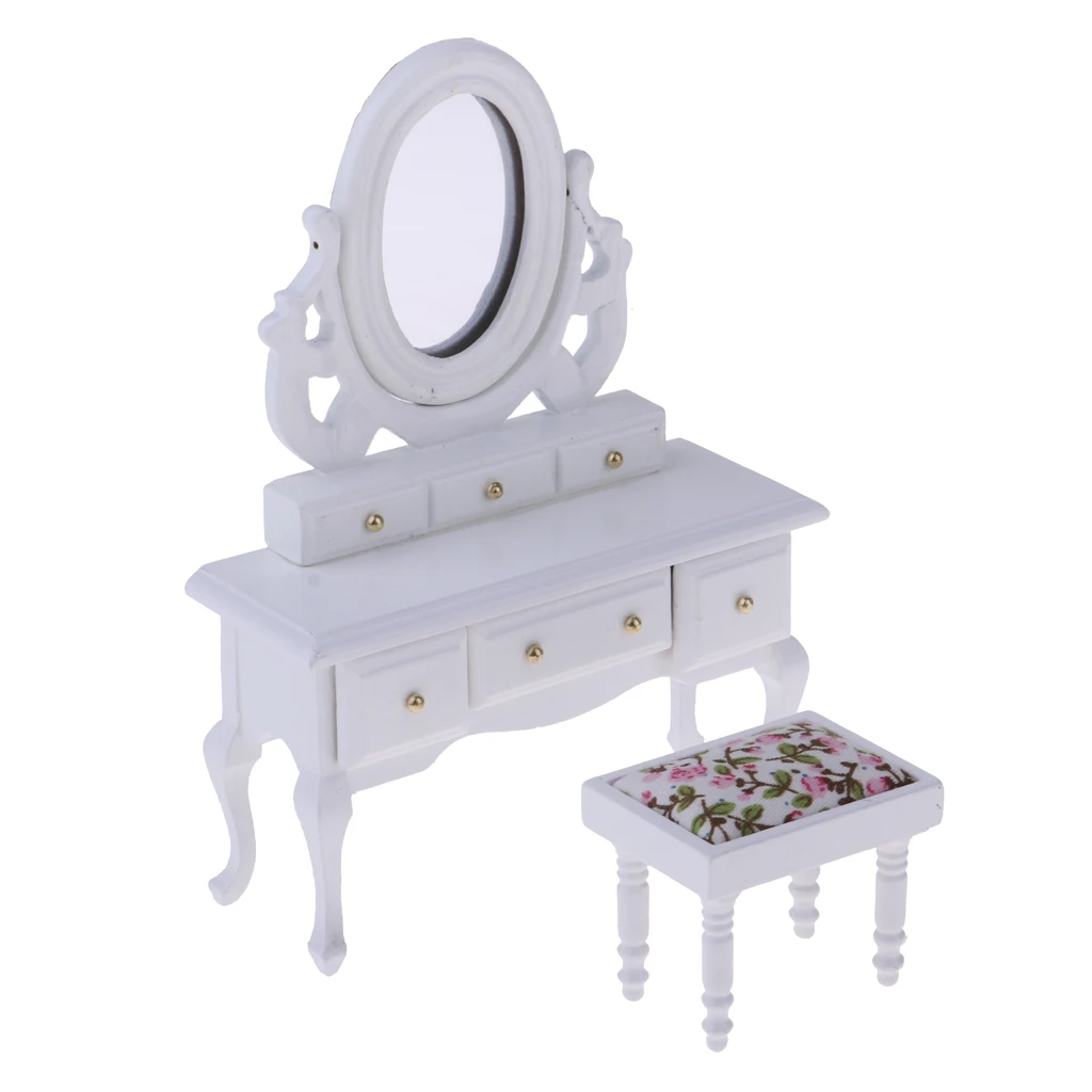 Dollhouse Vanity Set - 1:12 Dolls House Furniture Dressing Table  Stool Set with Stool and Mirror Set, Wooden & White