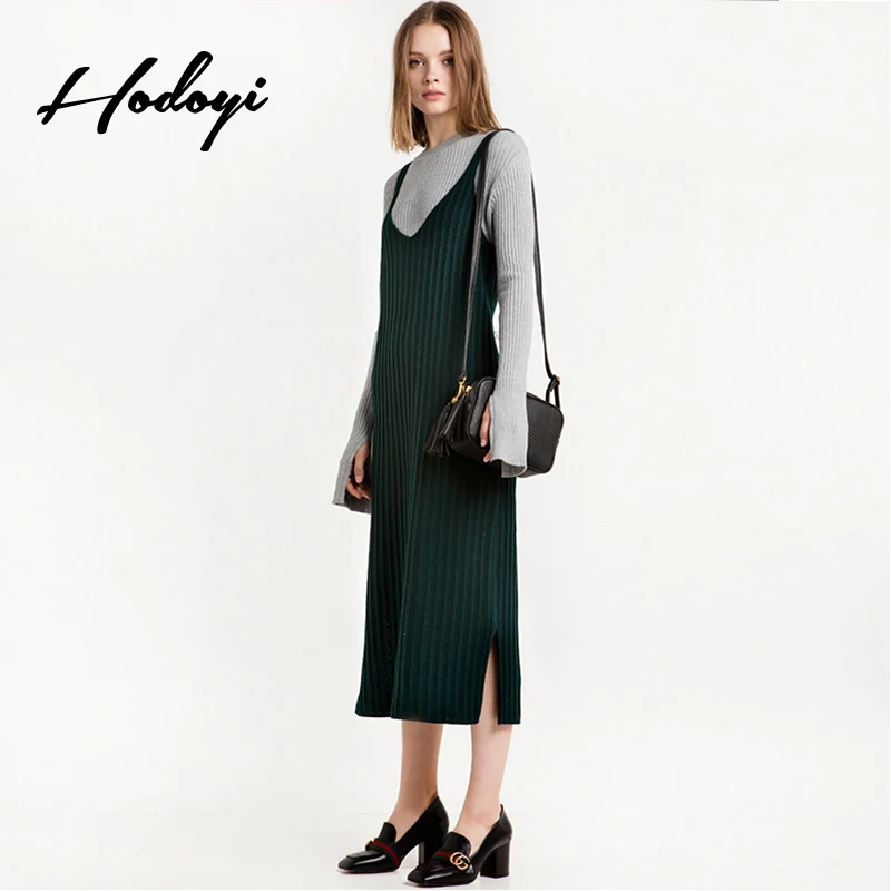 Hodoyi New Fashion Women Knitted Tank Dress Solid Green Sleeveless Sweater Dresses Casual Side Slit Bodycon