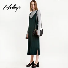 Hodoyi New Fashion Women Knitted Tank Dress Solid Green Sleeveless Sweater Dresses Casual Side Slit Bodycon