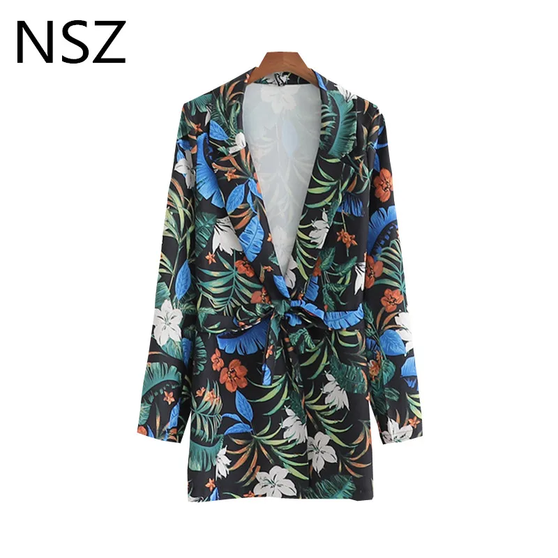 

NSZ Women Print Vintage Blazer Long Sleeve Notched Jacket With Belt Fashion Coat Casual Outerwear