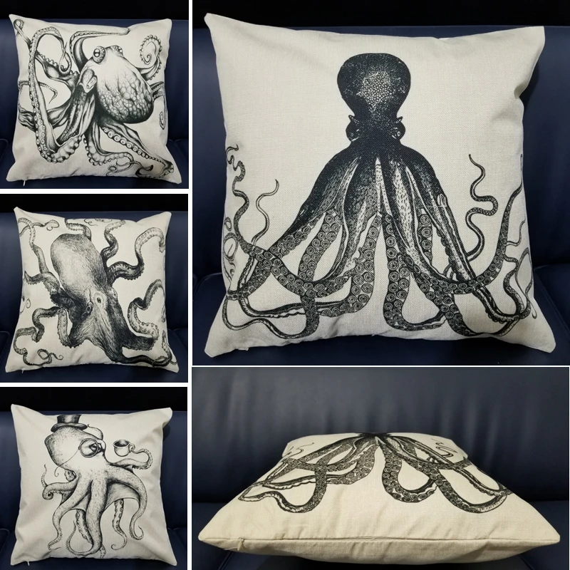 

Cotton Linen Cuttlefish Print Cushion Cover Marine Ocean Sea Throw Pillow Cover Home Decor Pillowcase Octopus Sofa Cushion Case