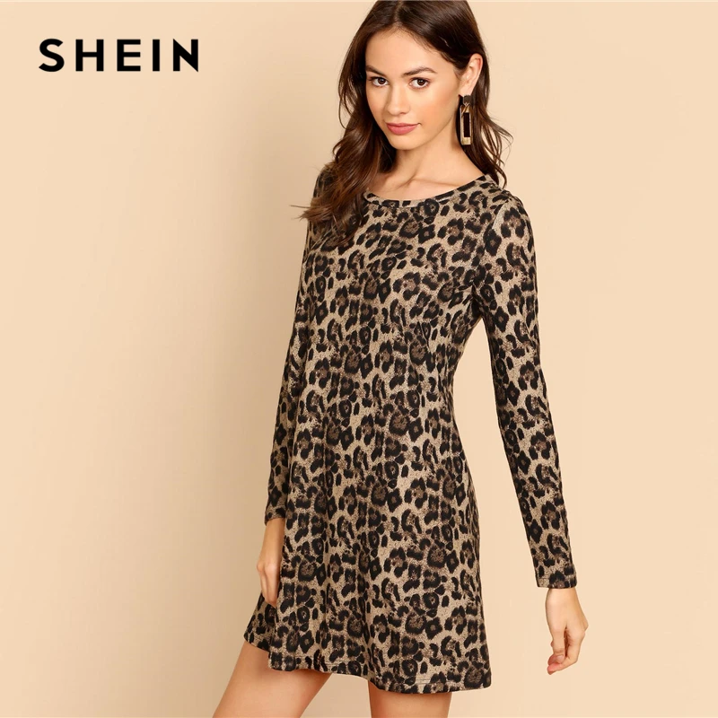 SHEIN Повседневное Платье С Леопардовым Принтом Длинным Рукавом И Круглым