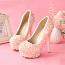 Sweetness Pink 5.5Inches Pearls High Heel Bridal Shoes Dazzing Wedding Shoes Women Rhienstone Pumps Jeweled Party Prom Shoes
