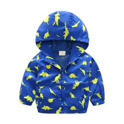 Куртка для маленьких мальчиков осеннее Детское пальто Повседневная ветровка с капюшоном и принтом динозавра детская одежда верхняя
