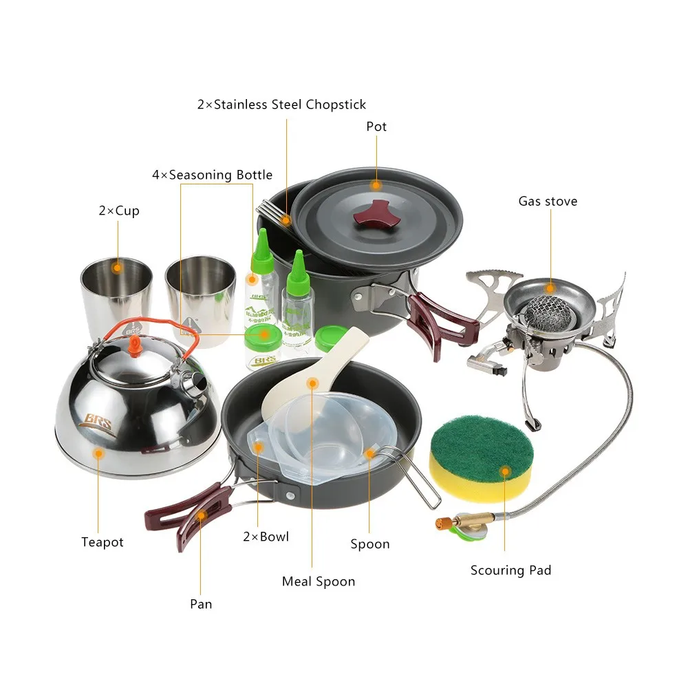 Brs портативный Пособия по кулинарии кастрюля, сковорода с двумя ручками чашка наборы чайников посуда Разделение ветрозащитная газовая плита печи для пикника на открытом воздухе комплект