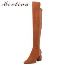 Meotina Winter Thigh High Boots Women Cow Suede Thick High Heel Over The Knee Boots Slim Stretch Zipper Long Shoes Lady Fall 39 women suede comfort thick heel knee high boots fashion zipper boots fall winter round toe 2018 shoes black brown dark gray