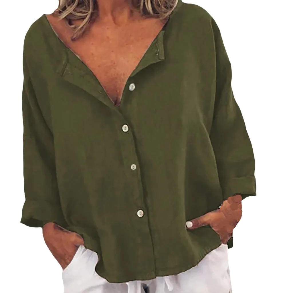 

Woman Loose Blouses Casual Cotton and Linen Shirt Solid Color Button Tops Blouse Bluzka