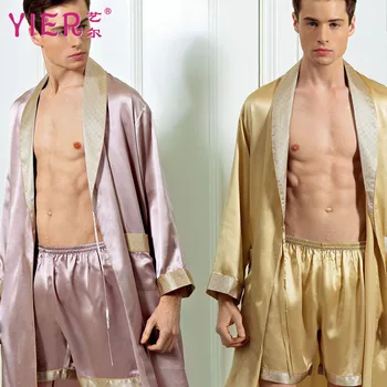 

1652 YIER Brand Male Sleepwear Robes Long-Sleeve Shorts Men Pyjamas Robe + Pants Set Men's 100% Silk Sleepwear Set Free Shipping