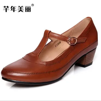 

spring New retro brown, black Genuine Leather high heels Plus size 41-43 women's Work shoes Mary Jane shoes pumps Free shipping