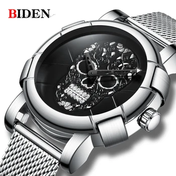 

BIDEN 2019 Top Brand Luxury Men Sports Watch Skull Pattern Stainless Steel Fashion Business Quartz watch men relogio masculino
