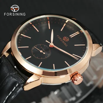 

FORSINING Fashion Dress Men Auto Mechanical Watch Leather Strap Rose Golden Transparent Case Working Sub-dial montre homme