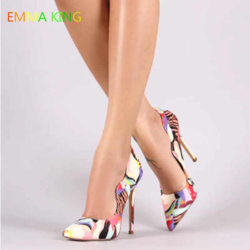 

Spring 2019 Women Pumps High Heels Prints Pattern Sexy Ladies Party Shoes Pointed Toe Stilettos Shallow Gladiator Style Pumps