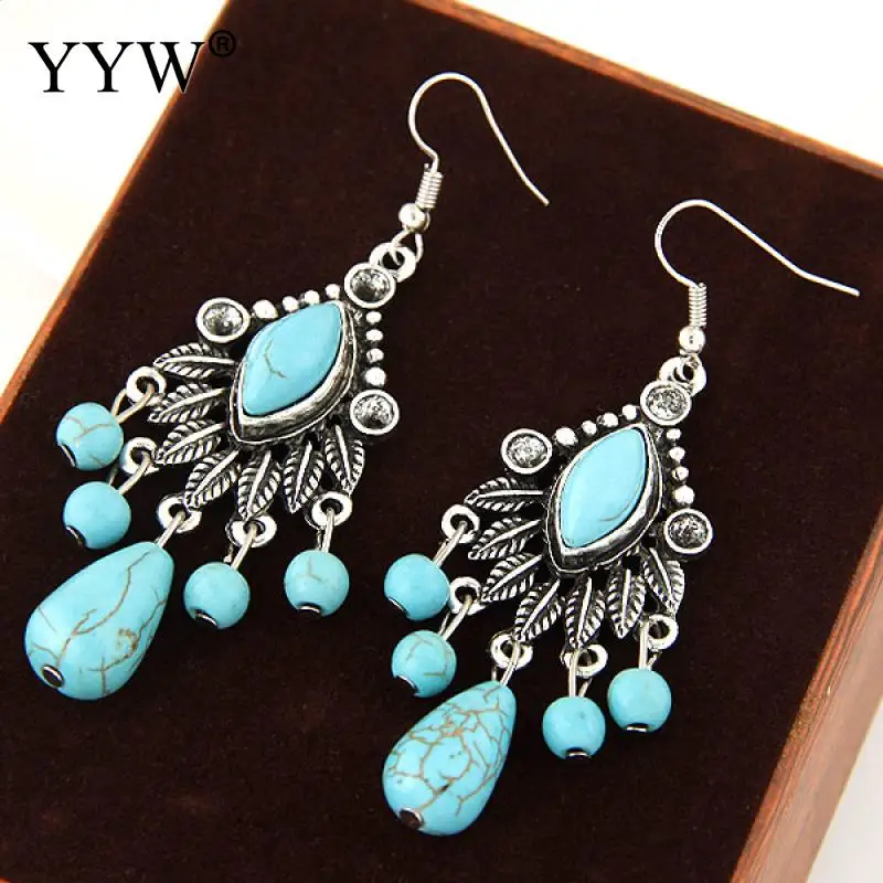 

YYW Ethnic Bohemian Women Teardrop Black Vein Turquoises Earring Antique Silver Color Chandelier Filigree Stone Dangle Earrings