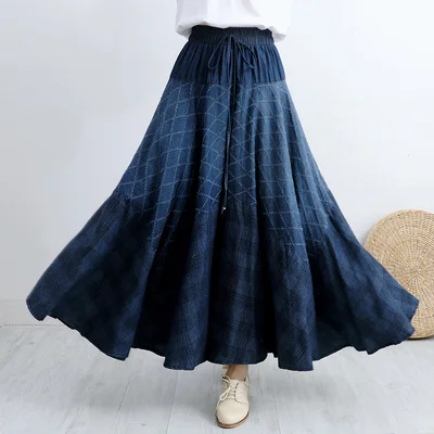 Makuluya Новая высококачественная Женская винтажная Этническая Цветочная печать богемная Алмазная в горошек Джинсовая длинная Плиссированная юбка L6