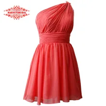 A-line Korallen kurze Brautjungfer Kleider eine Schulter Chiffon Prom Party Kleider Vestidos damas de Honor cortos HarveyBridal LM16016