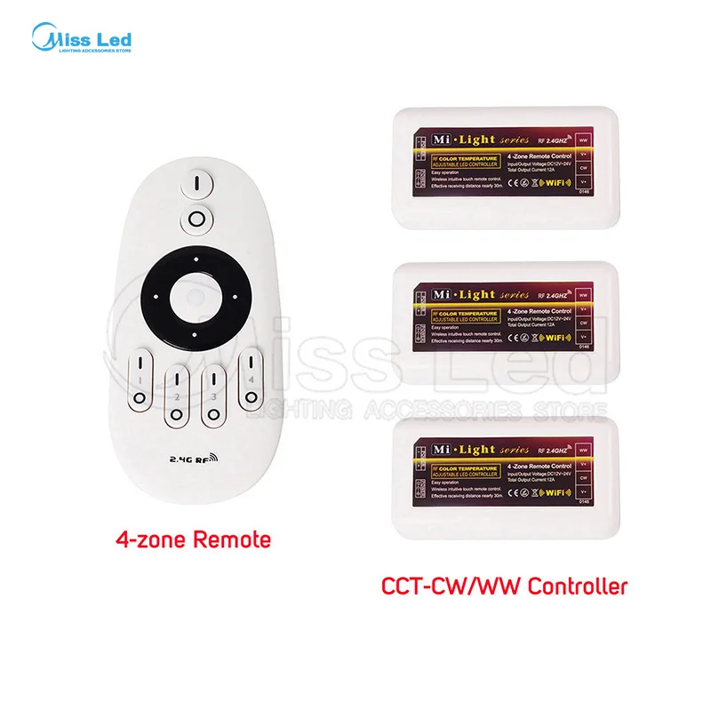 

Wholesale 1x Remote+3x WW/CW Controller 2.4G 4-zones groups control For Warm/Cool White Led Strip Light Lamp Bulb