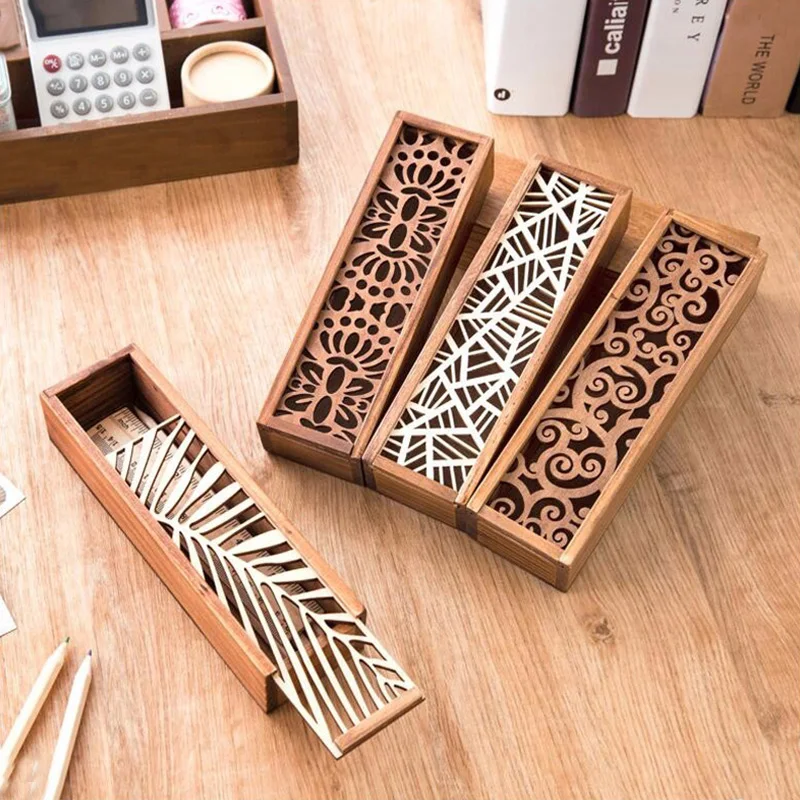 1 pc Retro Hollow-carved Stationery Beads Wooden Storage Box Pen Pencil Case n 