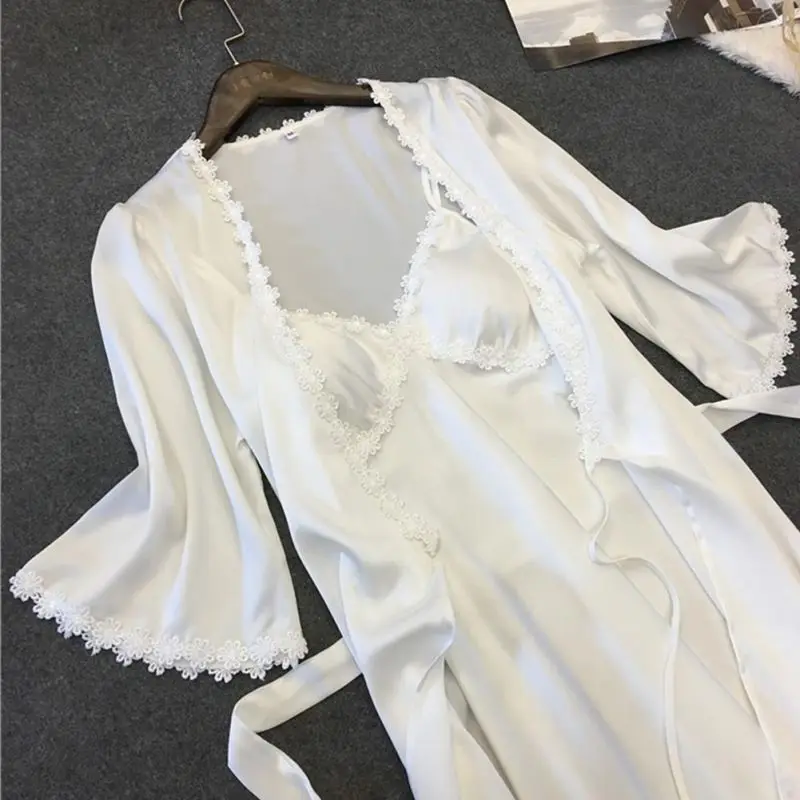 Комплект из двух предметов, женский халат+ ночная рубашка для женщин, кружевной цветок, атласный шелковый халат, femme,, осенняя женская одежда