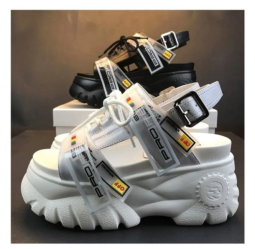 Ceny 2019 letnie grube sandały damskie 8cm buty na koturnie z wysokim obcasem buty kobiece klamry platformy skórzane dorywczo klapki na lato kobieta sandał