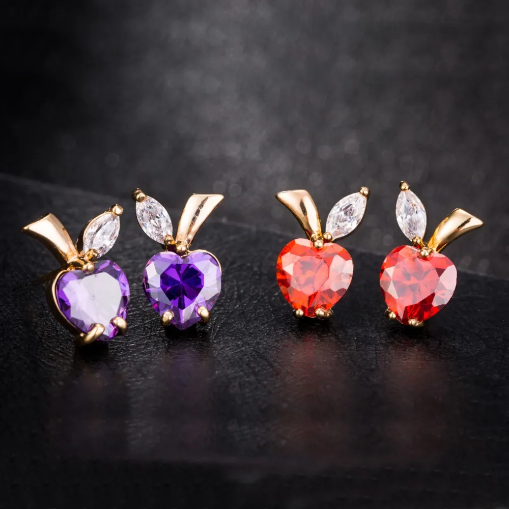 

2018 New Fashion Cute Lovely Apple Earrings red and purple Austrian crystal Stud Earrings For Woman design creative Jewelry Gif