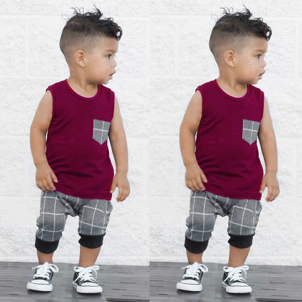 Boys Clothing Children Summer Boys Clothes Plaid Tops T Shirt Vest Shorts Outfits Clothes Set Vetement Enfant Garcon Summer 2019