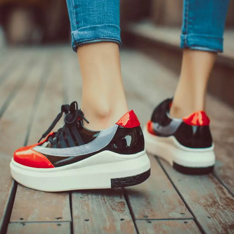 

2017 Fashion round toe lace up flats platform causal PU leather women increased big size vulcanized cozy shoes high quality 53
