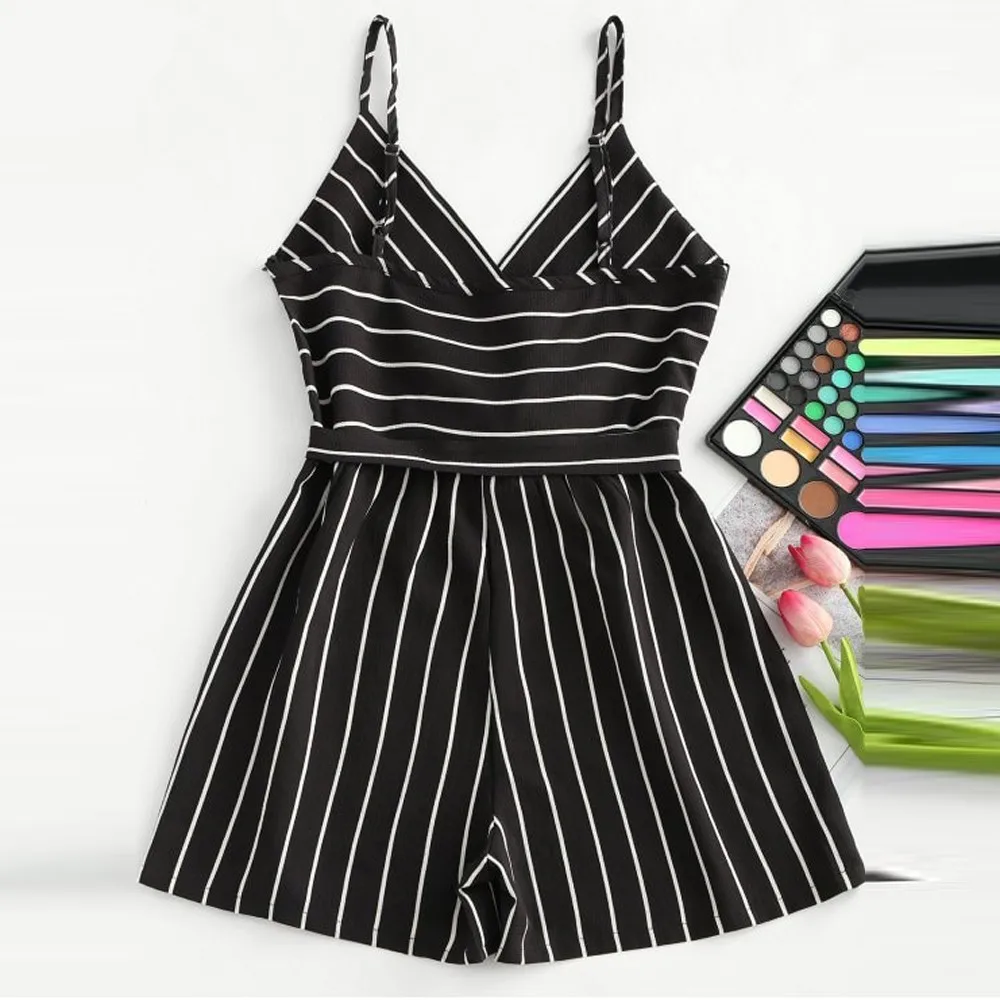 Womail ارتداءها المرأة الصيف أكمام Strappy و قصيرة Playsuits مخطط كامي حزام رومبير بذلة أزياء فضفاضة 2019 f28