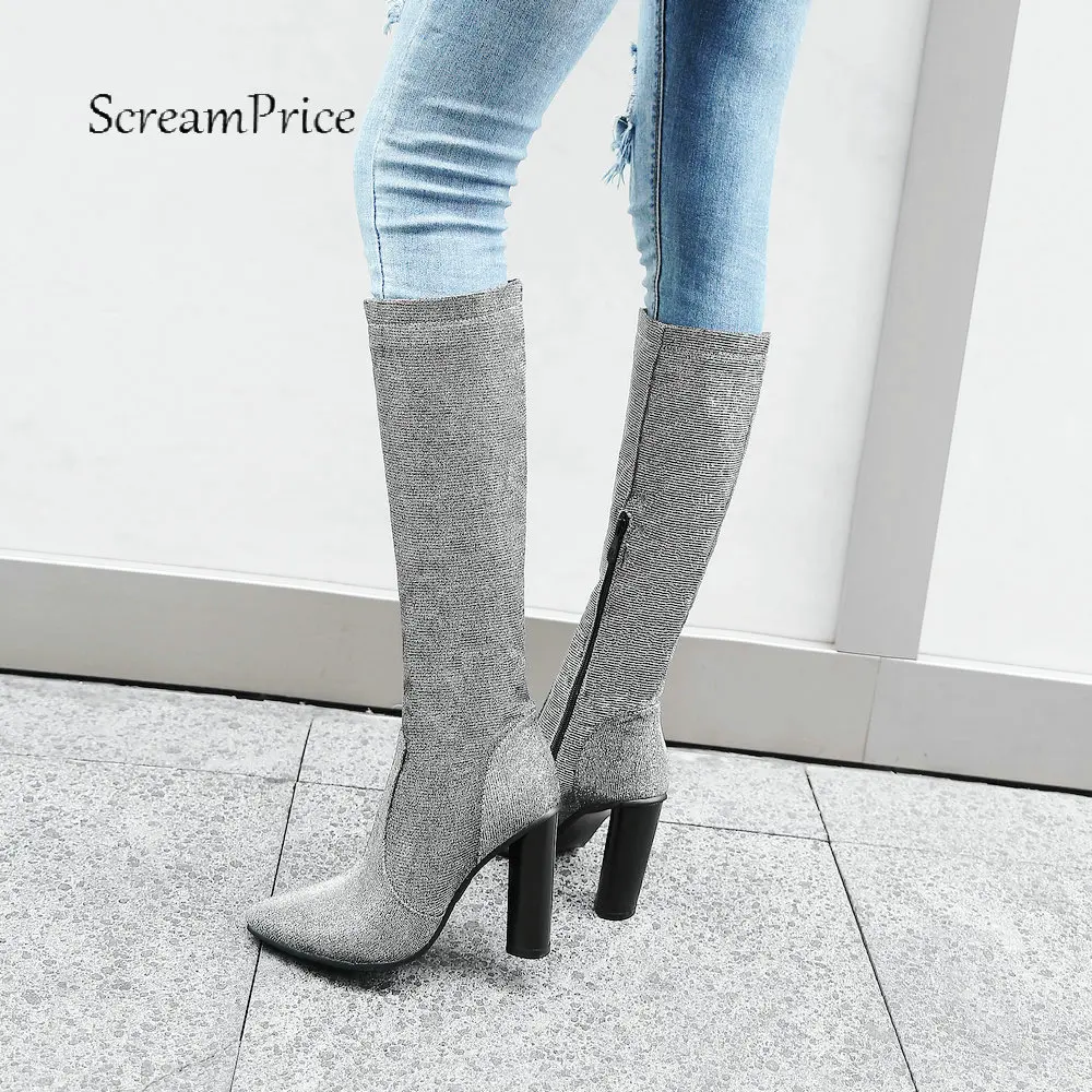 

Women's Pu Leather Knee High Boots Square High Heel Fashion Boots Pointed Toe Zipper Pointed Toe Winter Ladies Shoes Gold Silver