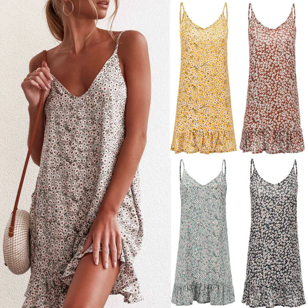 

Women Sleeveless Strappy Boho Floral Short Mini Dress Summer Sundress Loose Casual Beach Holiday Dresses