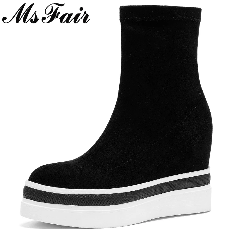 

MSFAIR Round Toe Thick Bottom Women Boots Fashion Platform Ankle Boots Women Shoes Height Increasing Black Boots Shoes Woman