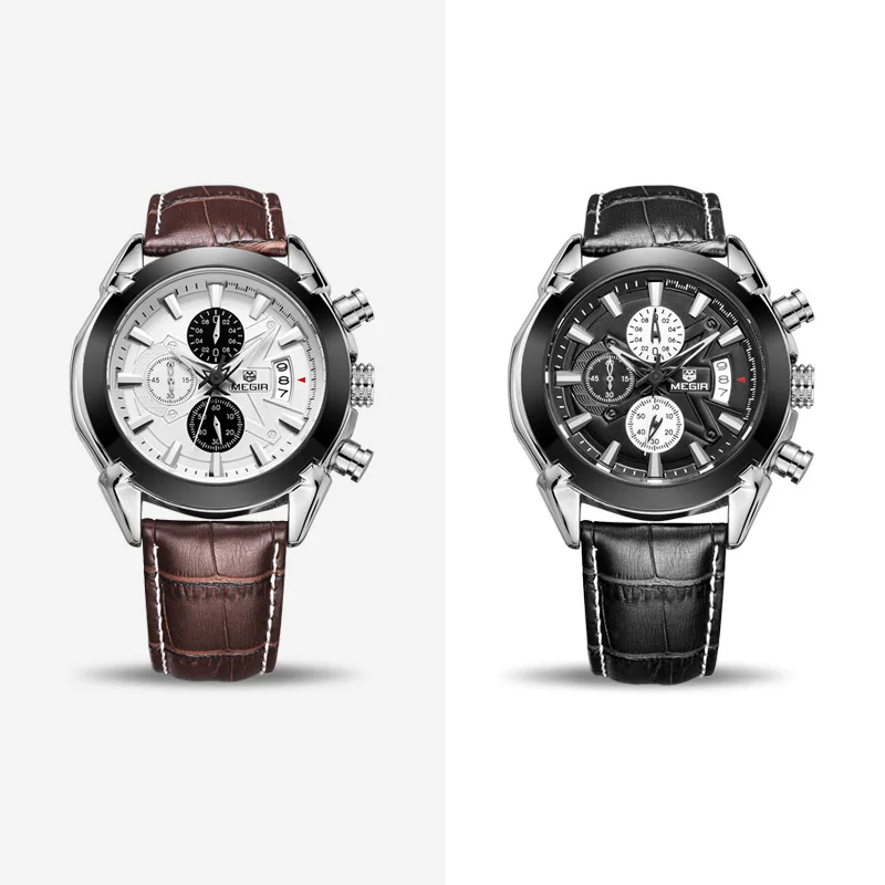 Billig MEGIR Kreative Quarz Sport Uhr Männer Leder Business Uhren Uhr Chronograph Relogio Masculino Armee Military Armbanduhren