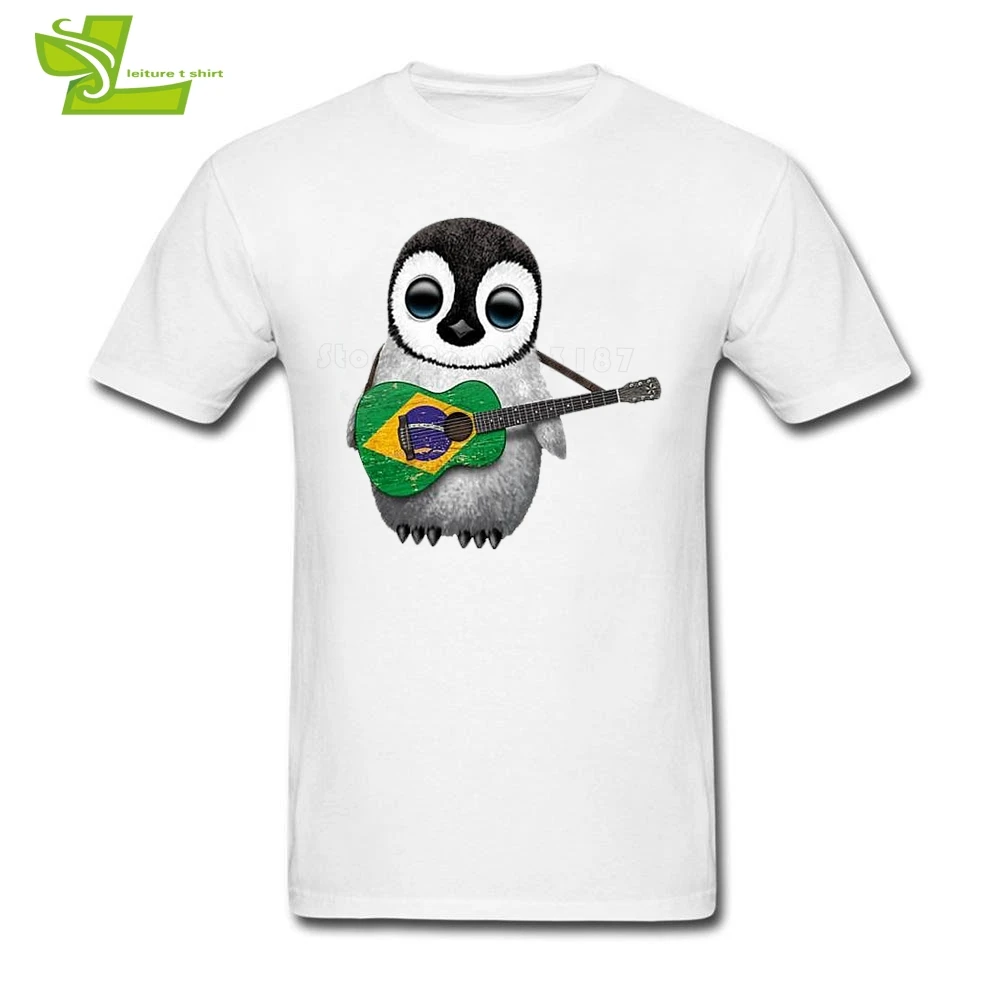 Baby Penguin Playing Brazilian Flag Guitar T Shirt Men Short Sleeve Round Neck Tees Male Newest Tshirt Normal Teenage Tee Shirts | Мужская