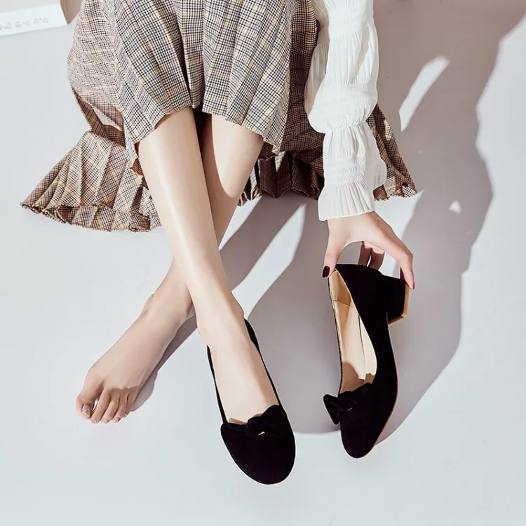 Туфли-лодочки весенне-осенний модный бант-бабочка женская обувь с круглым носком на толстом каблуке средней высоты, большие размеры 33-43