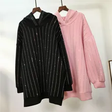 Женская толстовка, винтажная, стиль, горячая Распродажа, в полоску, с воздушным слоем, верхняя одежда, с длинным рукавом, свободная, с капюшоном, женская футболка, хлопок, со стразами