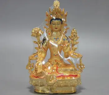 

China Copper Painted Gild Green Kwan-yin Guanyin Bodhisattva Buddha Statue