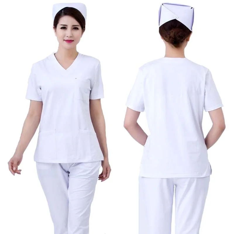 Women's Fashion Scrub Set Nursing Scrubs V-neck Top with Side Vent + Elastic Waistline Pants Medical Uniforms Cotton Surgery