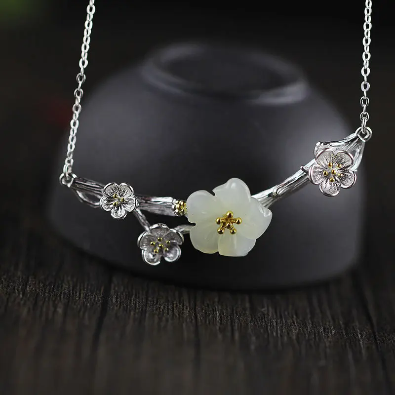 925 Sterling Silver Natural Jade Plum Blossom Flowers Necklace Earrings