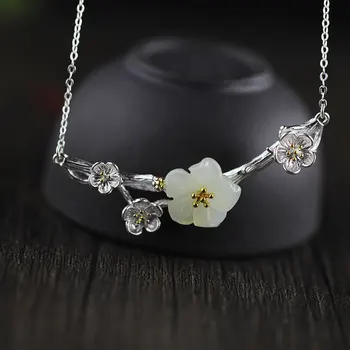 

925 Sterling Silver Natural Jade Plum Blossom Flowers Necklace Earrings And Rings For Women Antique Retro Fine Jewelry