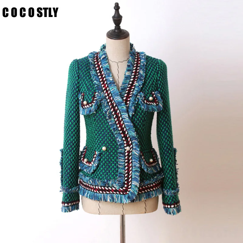 

Luxury Runway Jackets Women Green Tweed Jacket Fringed Trim Long flared sleeves front pockets pearls short jacket coat