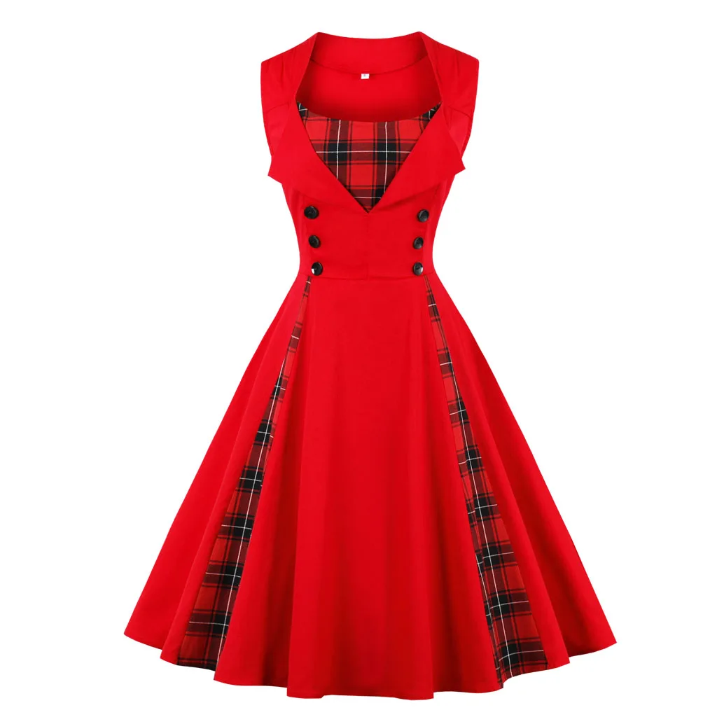 Women 4XL New 50s 60s Retro Vintage Dress Plaid Patchwork  Sleeveless Spring Summer Red Dress Party Dress