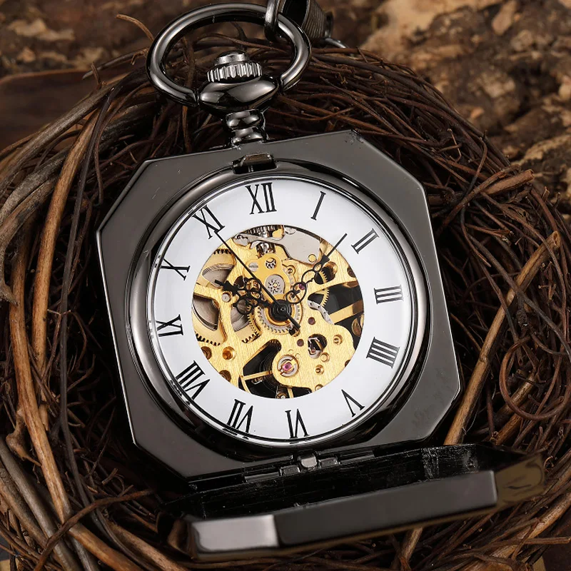 Black Hollow Chinese Mascot Lion Hand Wind Mechanical Pocket Watch Men Retro Skeleton Fob Chain Watch 2