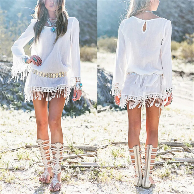 ZANZEA 2017 Summer Women Boho Tassel Lace Dress Sexy Crochet Tunic Beach Party Dresses Black White Chiffion Vestidos Plus Size 13