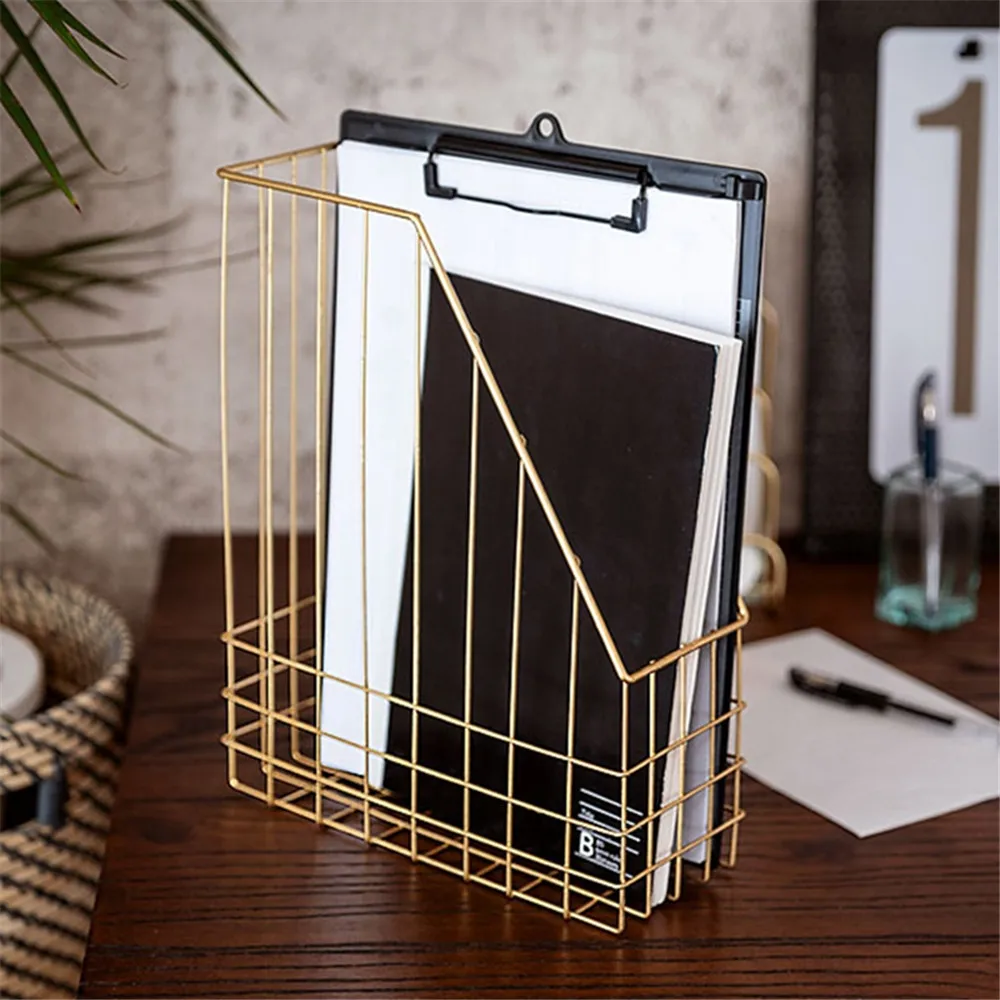 

Scandinavian Golden Metal Storage Basket Nordic Modern Book Magazine Organizer Basket Home Office Desk Sundries Storage Shelf