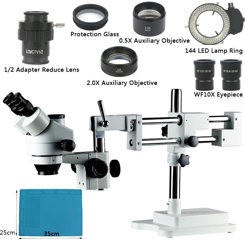 3.5X 7X 45X 90X Zoom Simul Focal Dual Arm Boom Stand Тринокулярный Стерео микроскоп для телефона чип PCB